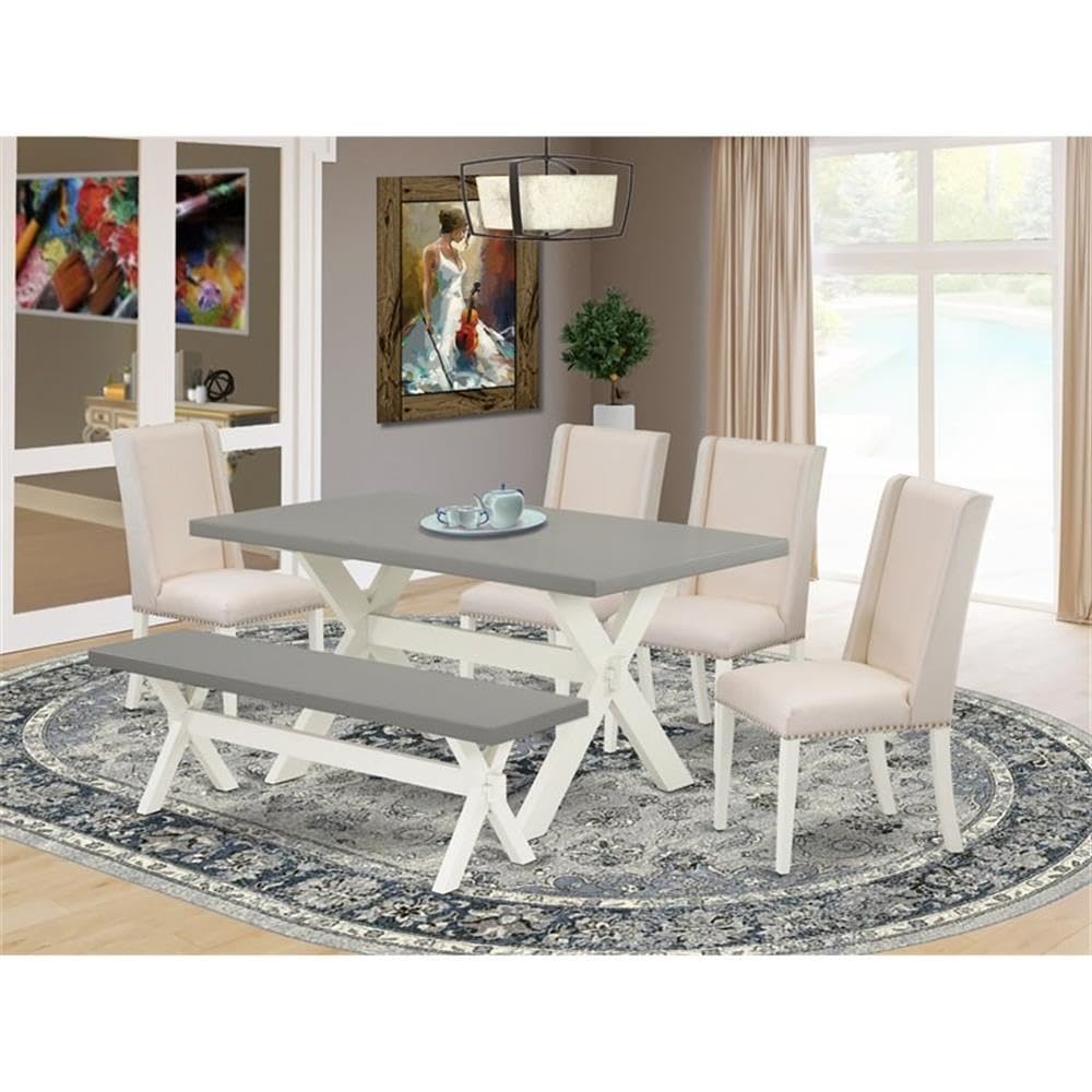 East West Furniture X096Fl201-6 6 Piece Dining Set Contains A Rectangle Dining Room Table With X-Legs And 4 Cream Linen Fabric Parson Chairs With A Bench, 36X60 Inch, Multi-Color